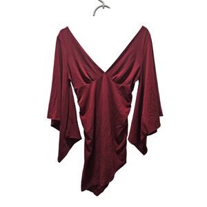 Wet Seal Y2K Red Deep V Ruched Babydoll Bell Sleeve Asym Goth Fairycore Y2K S